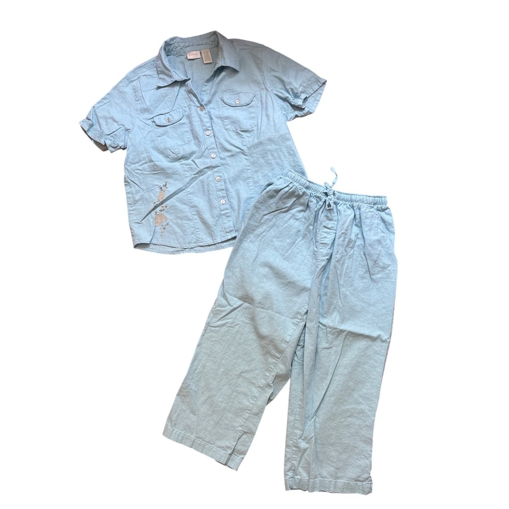 Erika Linen Blend Set Womens Blue Excellent Embroidered Button Up Crop SIZE L - Picture 4 of 6